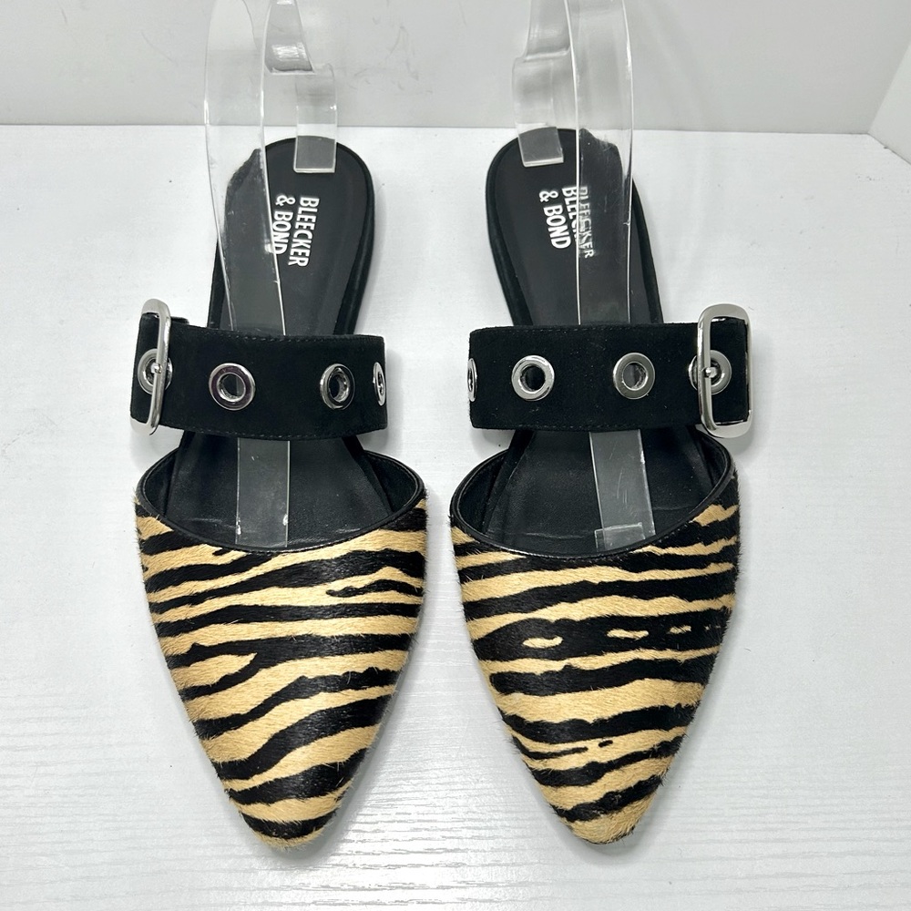 Bleecker & Bond Animal Print Calf Hair Mule Slide Flats with Buckle Detail Sz 9